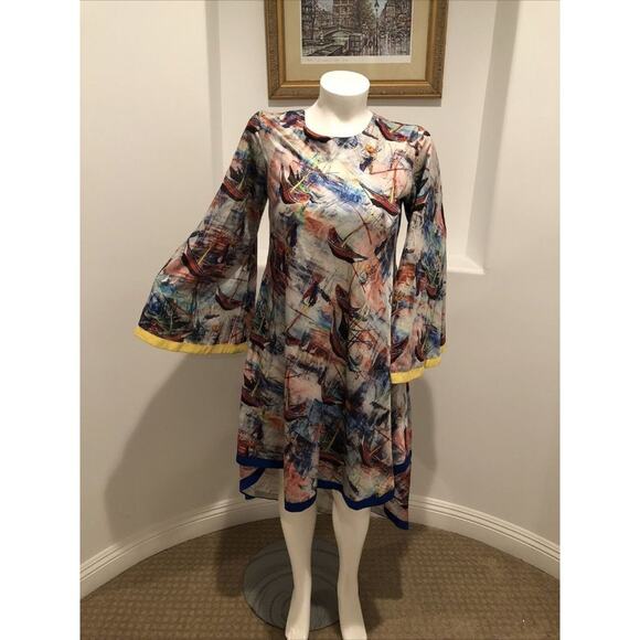 Aftican Design Trish O. Couture High-Low Long  Bell Sleeve Marine Print Dress - Picture 12 of 14